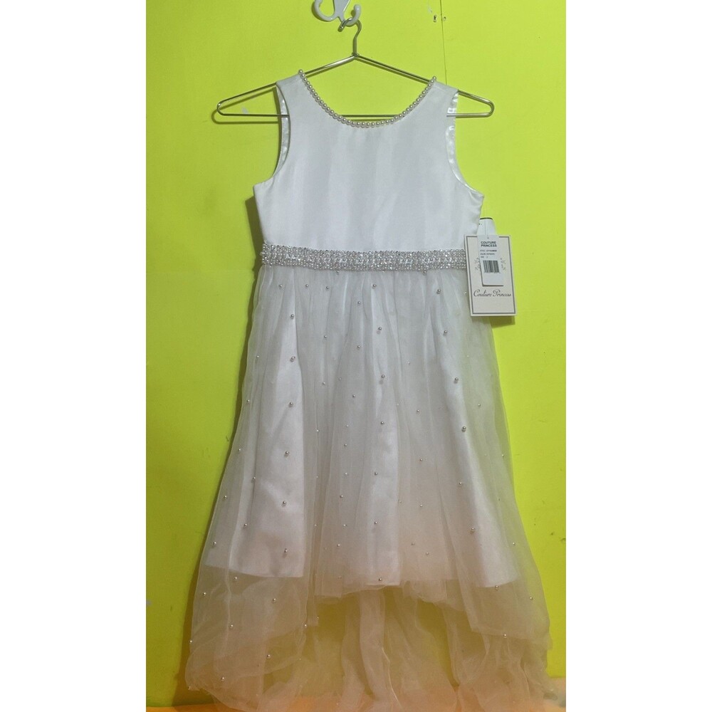 couture princess satin bodice, tulle overlay skirt with pearl accents Size 8
